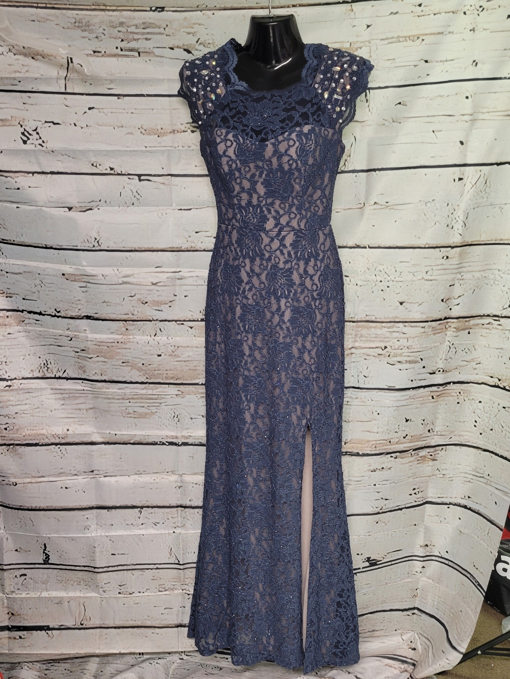City Triangles Blue Lace Beaded Mermaid Evening Gown Prom Dress Women's Size 1